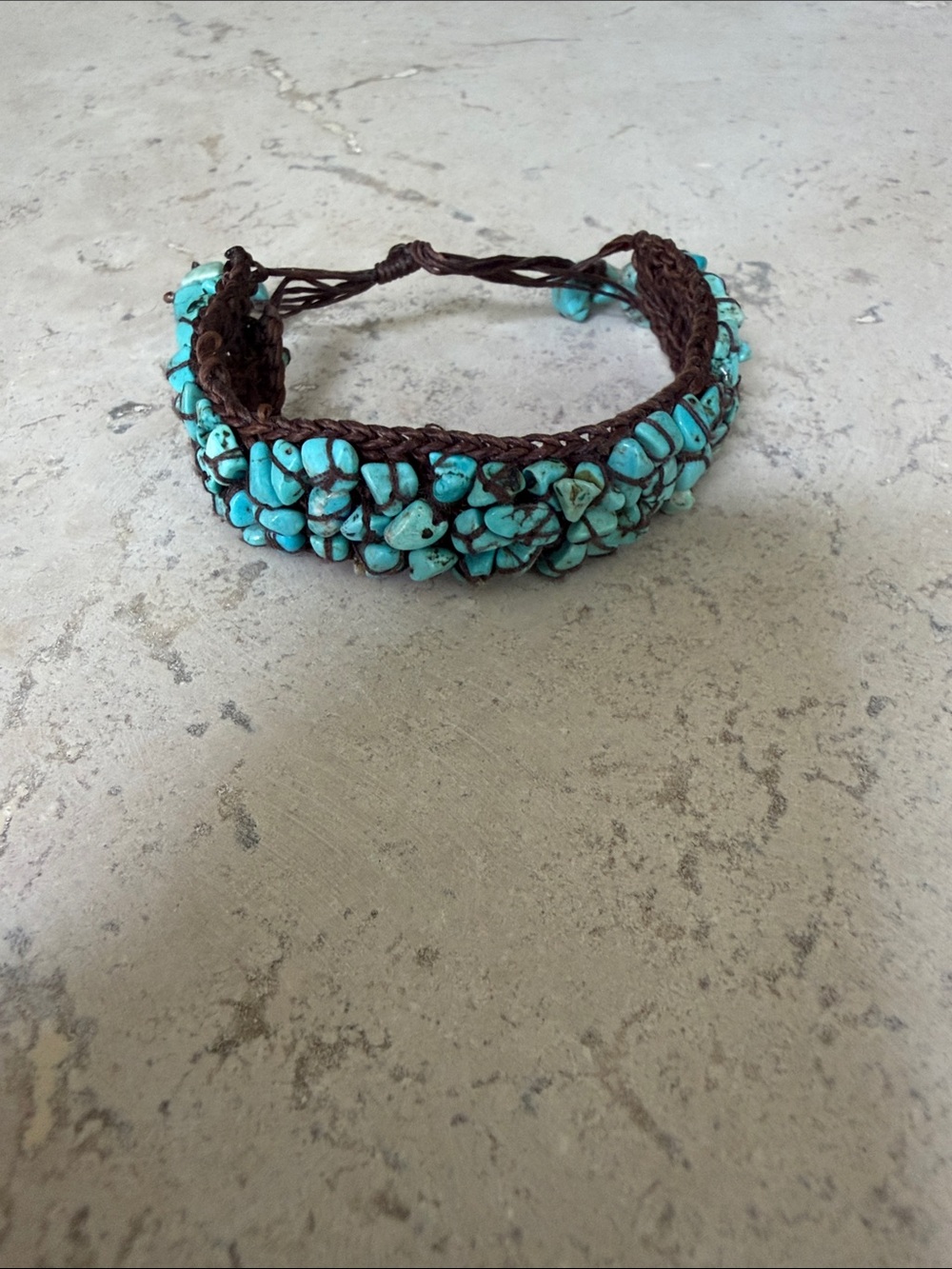 EUC Turquoise Chip Bead and Chocolate Brown Macrame Crochet Raffia Bracelet